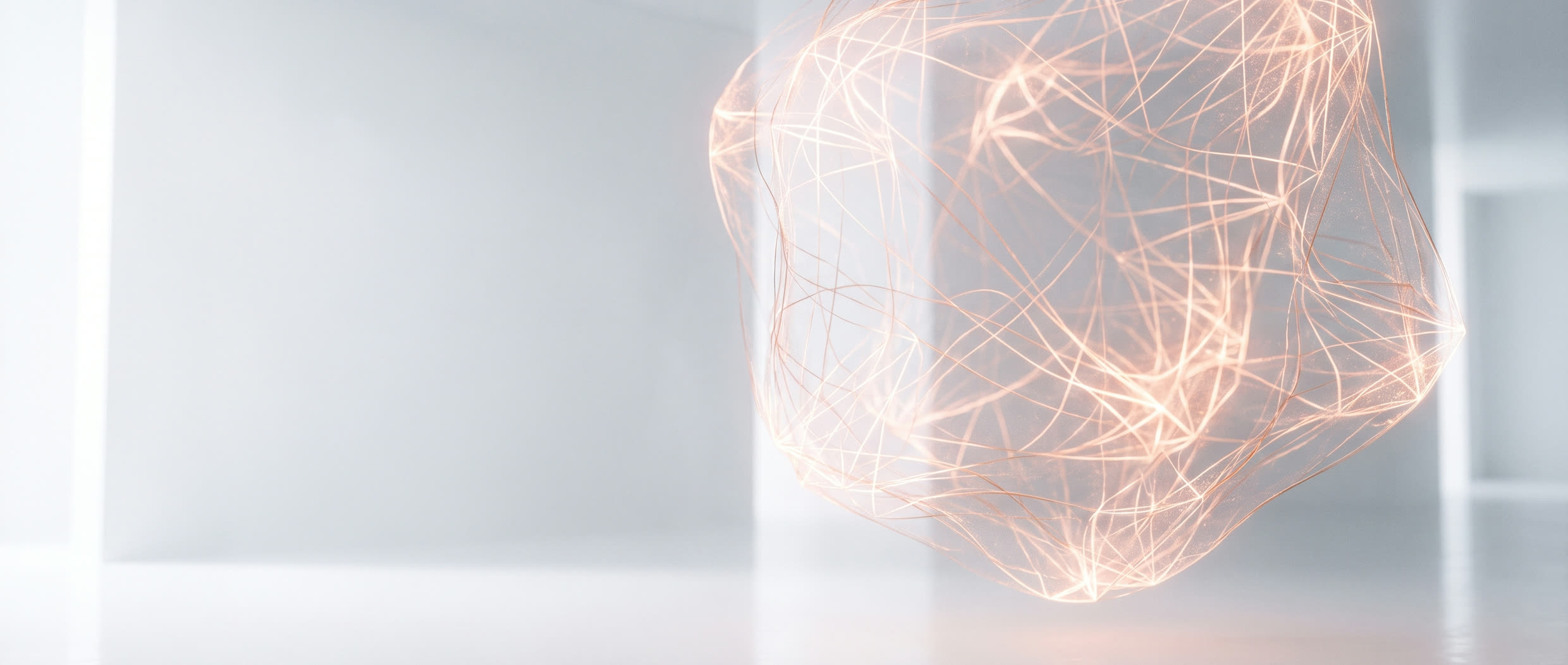 A holographic lattice of data suspended in a bright white room, traced in warm copper light