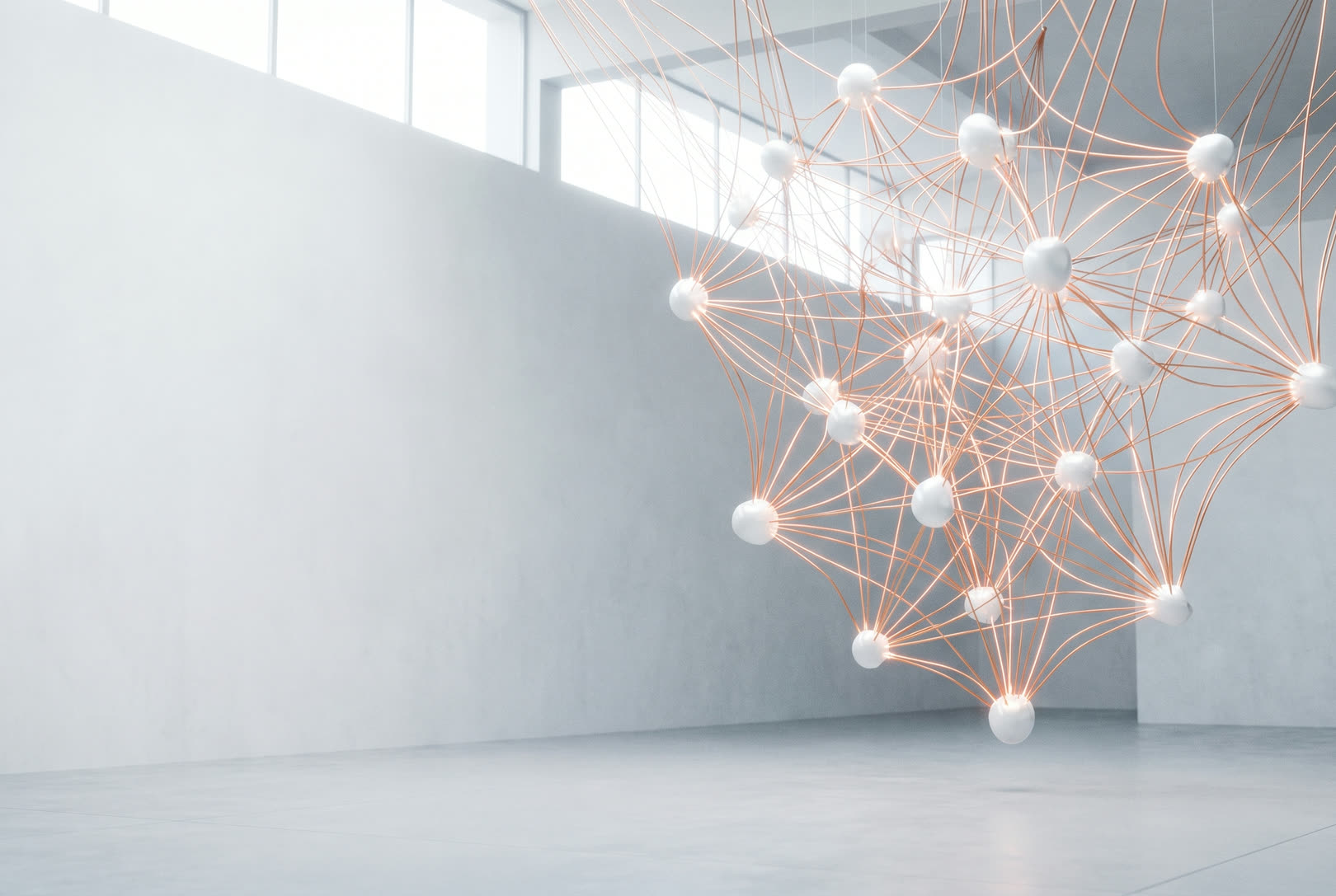 White nodes joined by fine glowing copper filaments into a single connected structure
