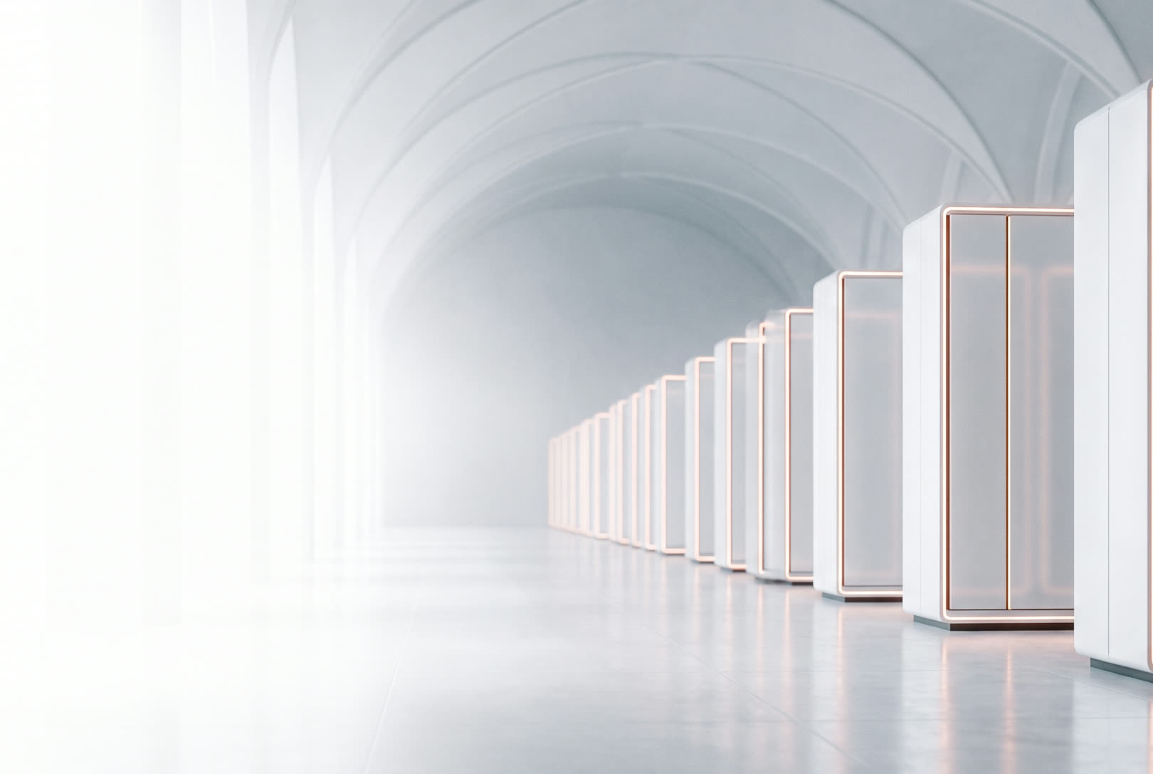 Rows of white server towers receding into soft light, copper status lines along their edges